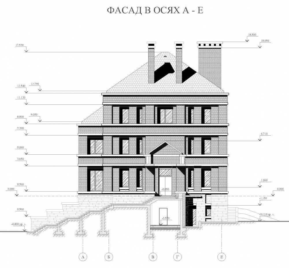 Частный дворцовый комплекс №3 в поселке Агалатово. Фасад в осях А-Е.