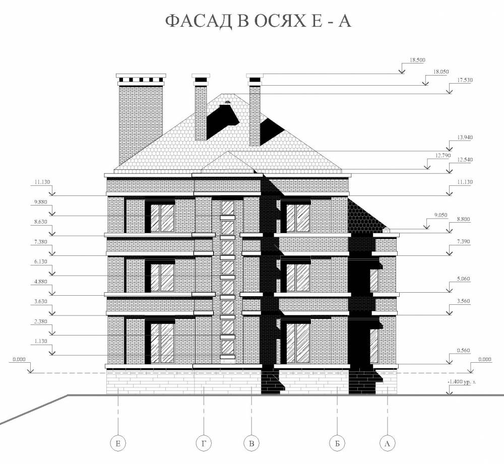 Частный дворцовый комплекс №3 в поселке Агалатово.Частный дворцовый комплекс №3 в поселке Агалатово. Фасад в осях Е-А.